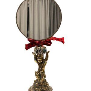French Vintage 17" Vanity Mirror, Gold Ormolu Cherub